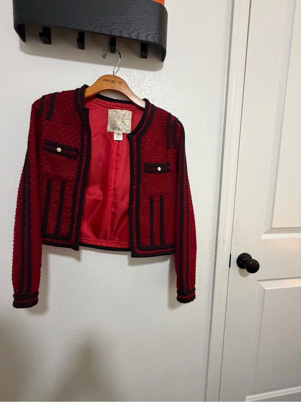 Arden B Red Bouclé Cropped Blazer with Black Trim